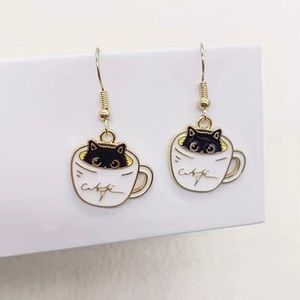 Coffee Cat Lover Cafe Dangling Gold Earrings Limited Edition Kawaii Kitty Gift